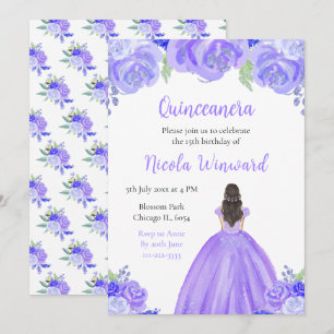 Invitación Pelo Marrón Princesa Flor Púrpura Quinceanera