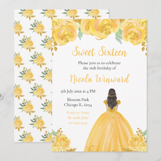 Invitación Pelo Marrón Princesa Oro Dulce Floral Dieciséis (Anverso / Reverso)