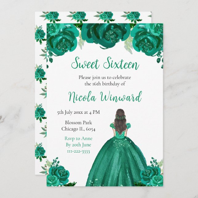 Invitación Pelo Marrón Princesa Verde Dulce Floral Dieciséis (Anverso / Reverso)