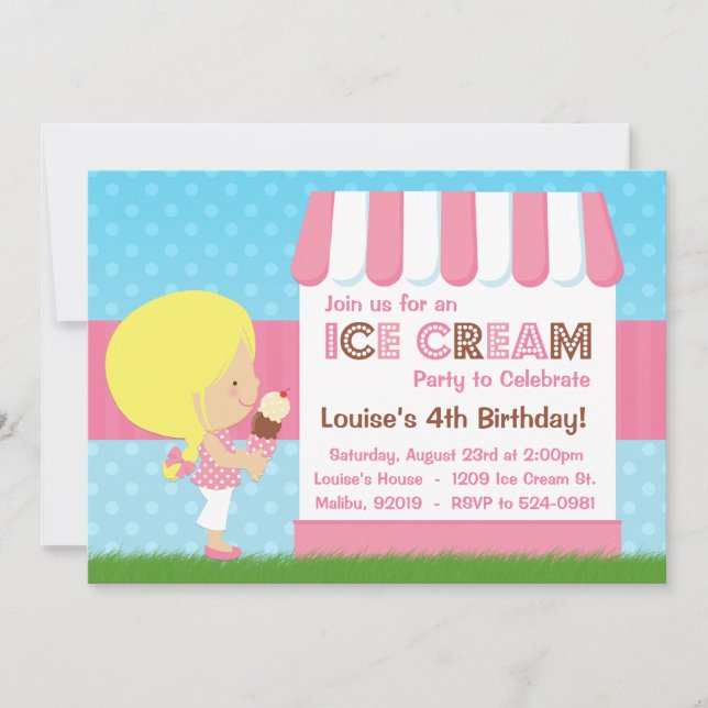 Invitación Pelo rubio de la fiesta de cumpleaños del helado (Anverso)