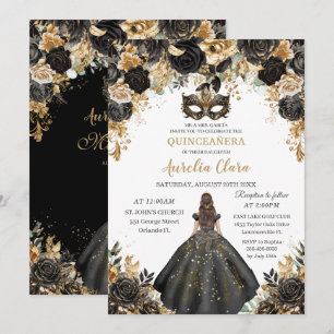 Invitación Pelota de baile de máscaras de oro negro Quinceañe