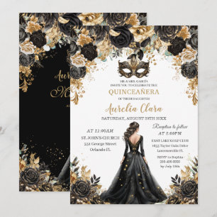 Invitación Pelota de baile de máscaras de oro negro Quinceañe