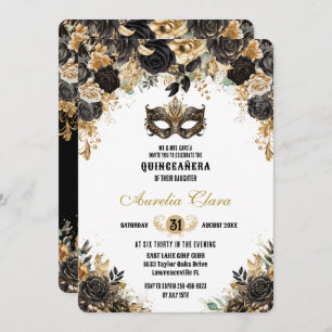 Invitación Pelota de baile de máscaras de oro negro Quinceañe