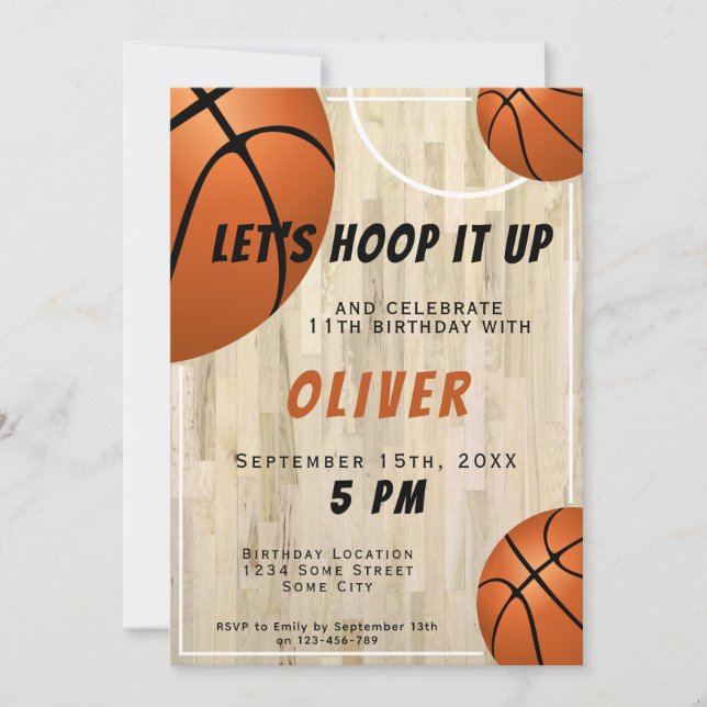 Invitación Pelota de Baloncesto Piso de Madera Cumpleaños Inf (Anverso)