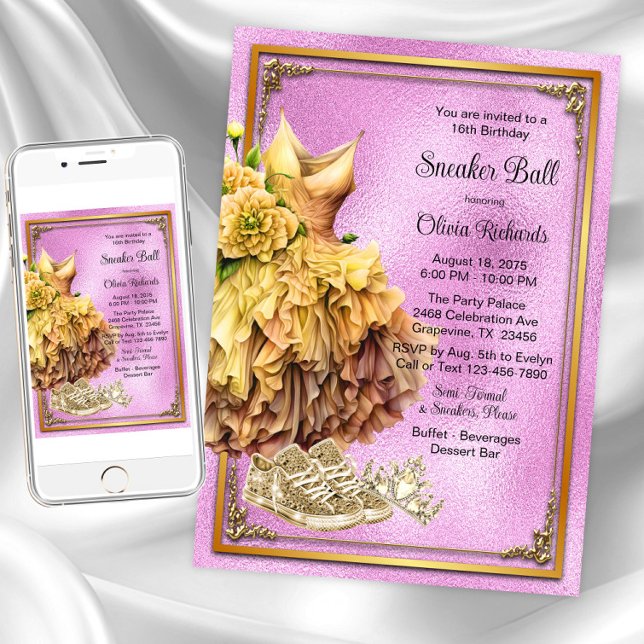 Invitación Pelota de esneaker de oro rosa (Pink gold sneaker ball invitations. Instant downloads and printed invitations are available.)