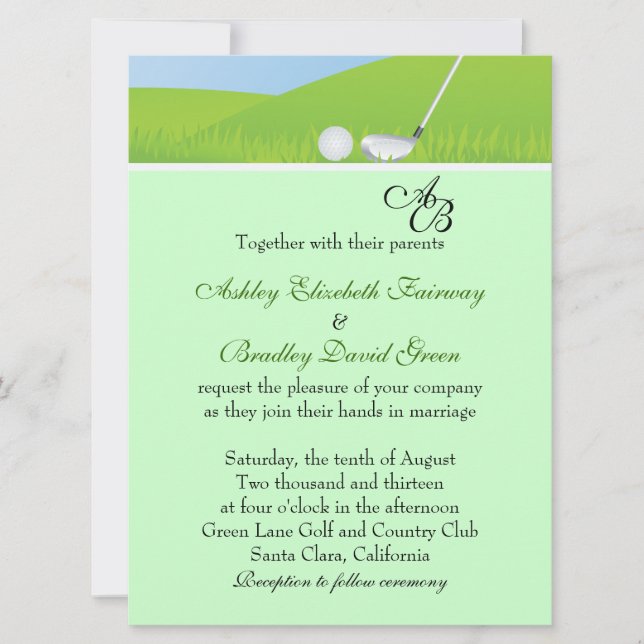 Invitación Pelota de golf Golfing la boda verde del monograma (Anverso)