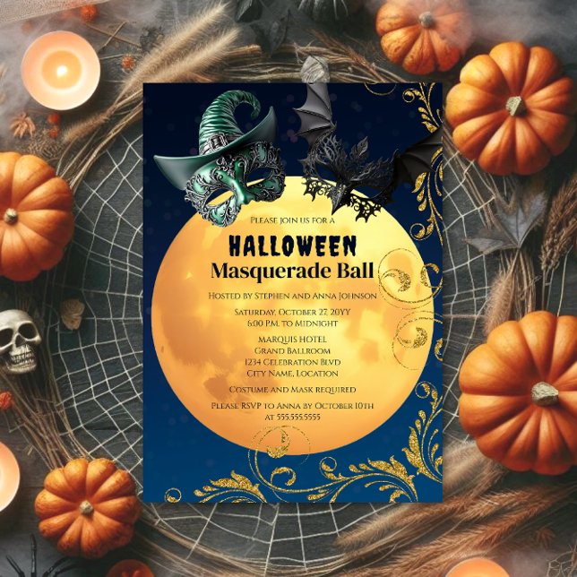 Invitación Pelota de máscaras de la luna llena de Halloween (Halloween masquerade ball invitation with blue bokeh background and full moon.  Front of invite.)