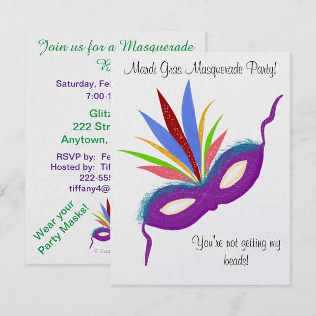 Invitación Pelota de máscaras púrpura Mardi Gras (Anverso / Reverso)