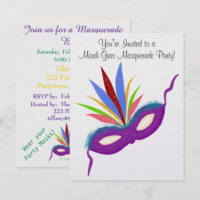 Invitación Pelota de máscaras púrpura Mardi Gras (Anverso / Reverso)