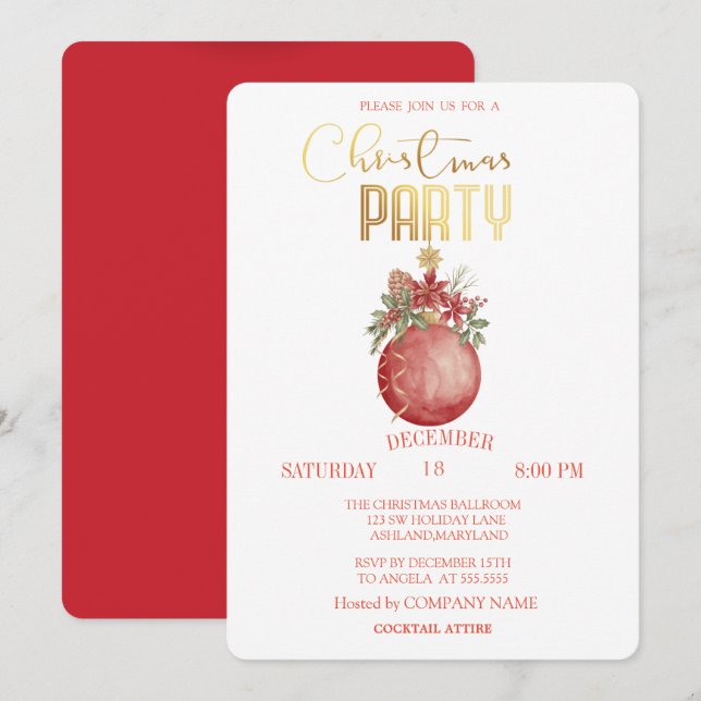 Invitación Pelota de Navidades rojos, Navidades de Poinsettia (Anverso / Reverso)