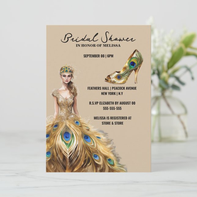 Invitación Pelota de plumas de pavo real que hizo que la novi (Anverso de pie)