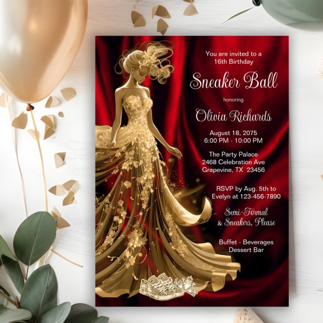 Invitación Pelota de Sneaker Elegante Red Gold (Elegant red gold sneaker ball invitation. All text, font and wording can be changed.)