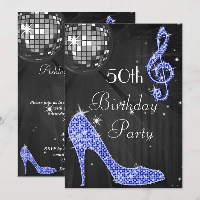 Invitación Pelota Disco y tacones Negro y Azul 50 cumpleaños (Anverso / Reverso)