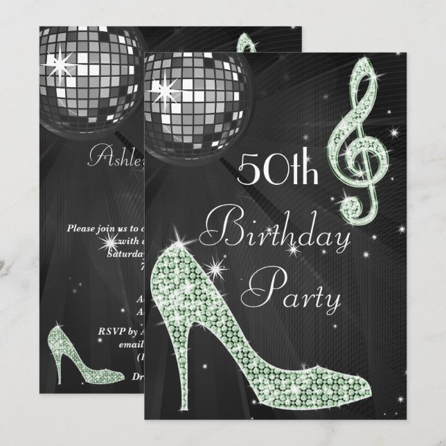Invitación Pelota Disco y tacones Negro y Mint 50 cumpleaños (Anverso / Reverso)