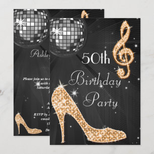 Invitación Pelota Disco y tacones Negro y Naranja 50 cumpleañ