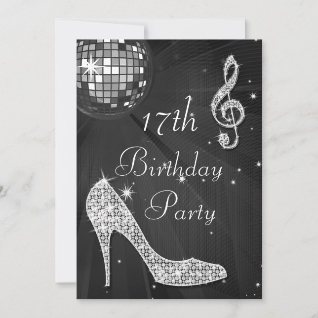 Invitación Pelota Disco y tacones Negro y Plata 17 cumpleaños (Anverso)