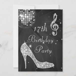 Invitación Pelota Disco y tacones Negro y Plata 17 cumpleaños