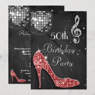 Invitación Pelota disco y tacones negro y plateado 50 cumplea
