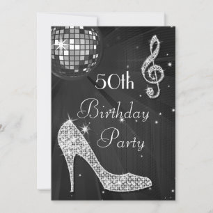 Invitación Pelota disco y tacones negro y plateado 50 cumplea