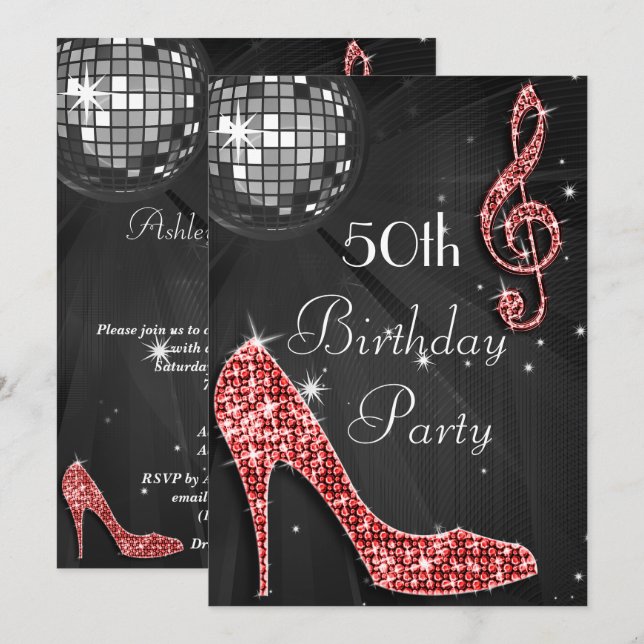 Invitación Pelota Disco y tacones Negro y Rojo 50 cumpleaños (Anverso / Reverso)