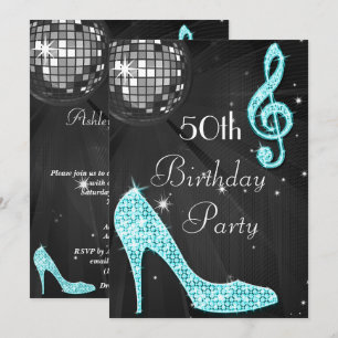 Invitación Pelota Disco y tacones Negro y Turquesa 50