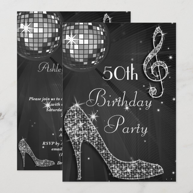 Invitación Pelota Disco y tacones Negros 50 cumpleaños (Anverso / Reverso)