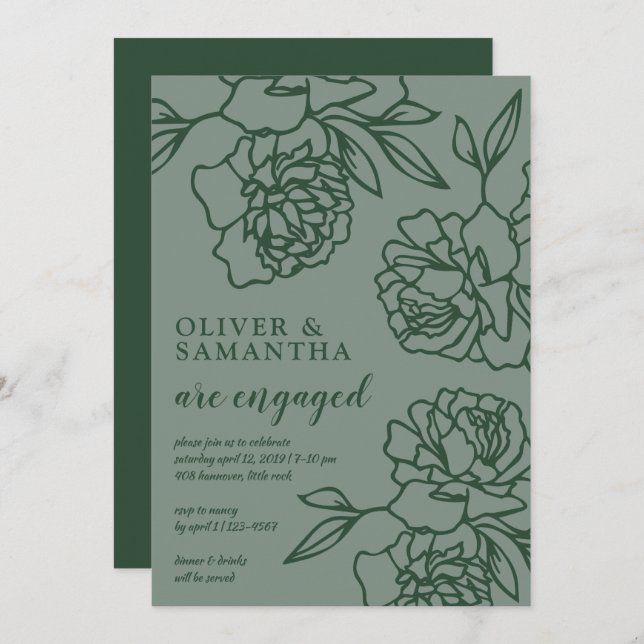 Invitación Pencillamente Peonies Emerald Green Engagement Par (Anverso / Reverso)