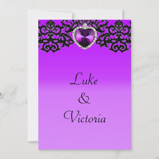 Invitación Pendante morado y negro de corazón (Anverso)