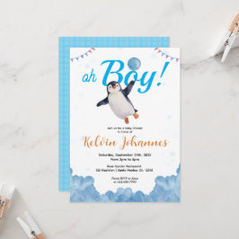 Invitación Penguin Boy Blue Baloon Cloud Sky Baby Shower