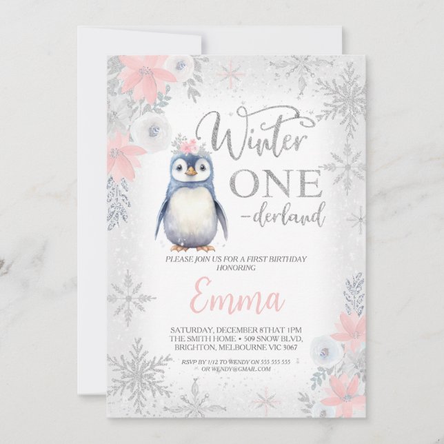 Invitación Penguin Chica Plata Invierno Onederland Cumpleaños (Anverso)