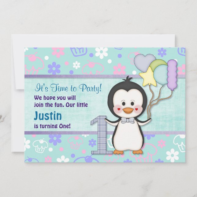 Invitación Penguin Cutie - Niño Primer cumpleaños (Anverso)