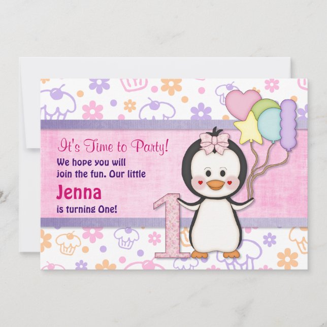 Invitación Penguin Cutie - Primer cumpleaños del Chica (Anverso)