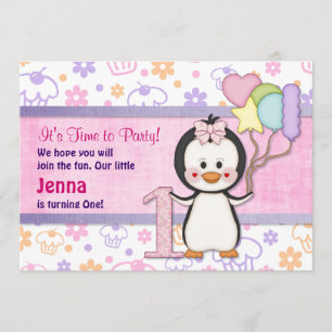 Invitación Penguin Cutie - Primer cumpleaños del Chica