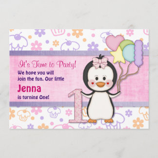 Invitación Penguin Cutie - Primer cumpleaños del Chica