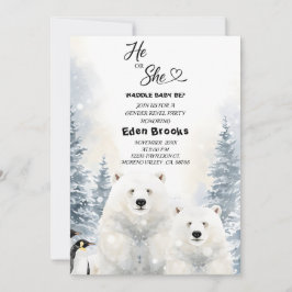 Invitación Penguin He or She Evergreen Winter Gender Reveal 