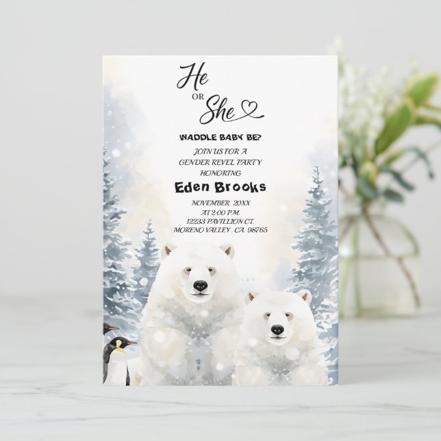 Invitación Penguin He or She Evergreen Winter Gender Reveal  (Anverso de pie)