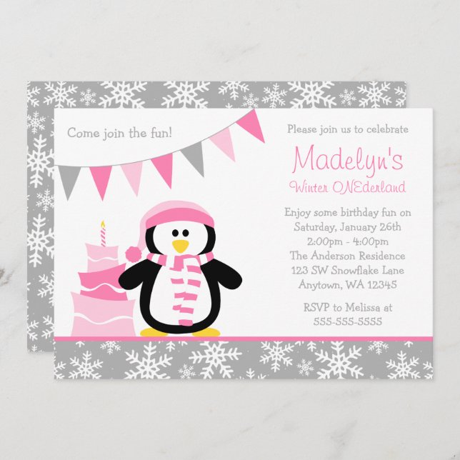 Invitación Penguin Snowflakes Invierno Rosa Onederland Cumple (Anverso / Reverso)
