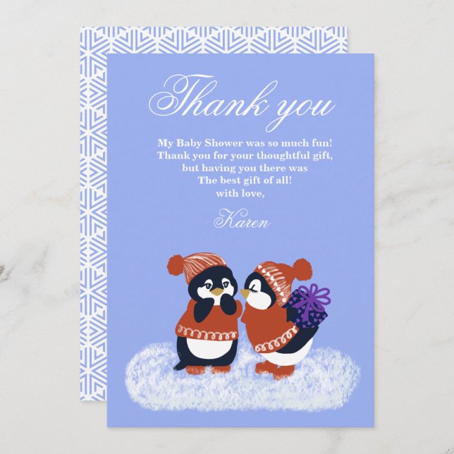 Invitación Penguin Winter Snow Birthday Baby Shower Thank you (Anverso / Reverso)