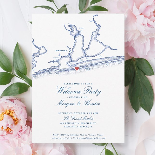Invitación Pensacola Beach FL Fiesta de Bienvenida de Boda El (Pensacola Beach Wedding Welcome Party Invitations with elegant navy blue map by Coastal Map Designs)