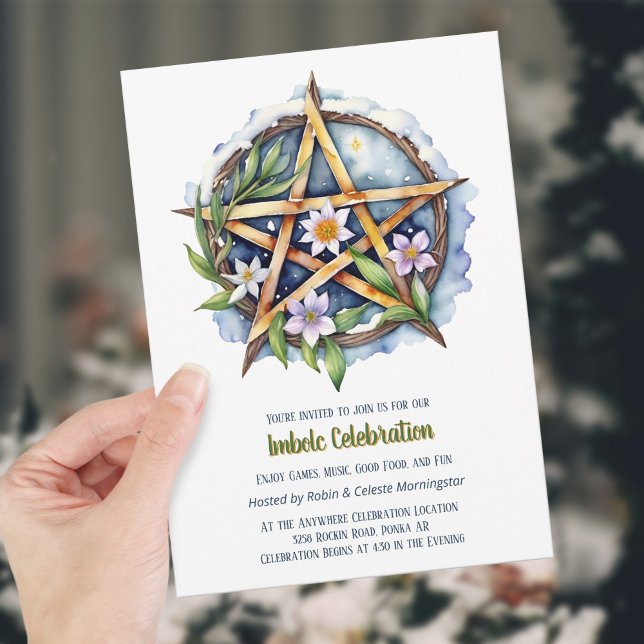 Invitación Pentáculo de nieve floral de Imbolc (Imbolc Floral Snowy Pentacle Wiccan Holiday Invitation)