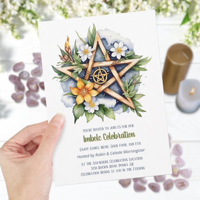 Invitación Pentáculo de nieve floral de Imbolc (Imbolc Floral Snowy Pentacle Wiccan Holiday Invitation)