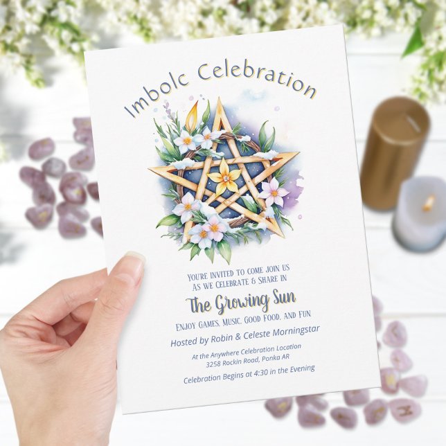 Invitación Pentáculo de nieve floral de Imbolc (Imbolc Floral Snowy Pentacle Wiccan Holiday Invitation)