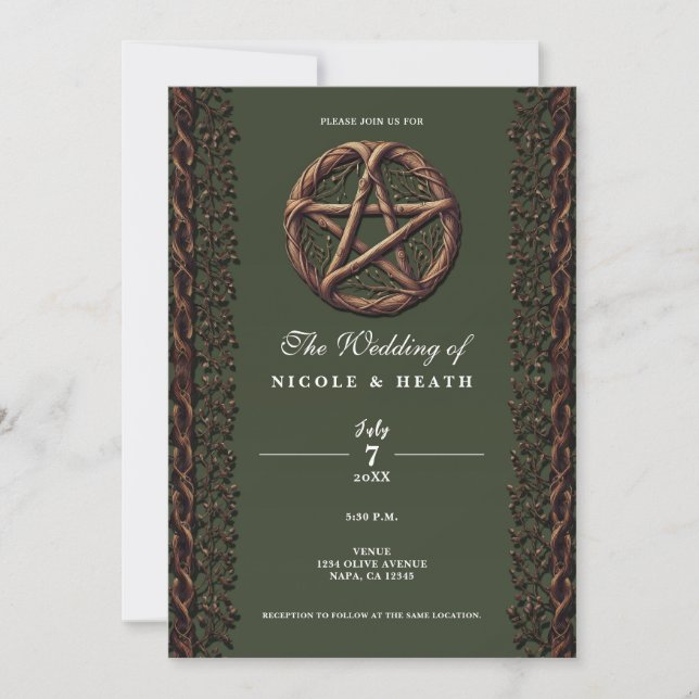 Invitación Pentáculo de ramita de madera Verde Oliva Boda Wic (Anverso)