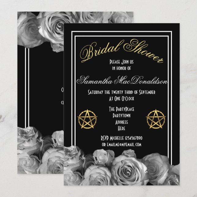 Invitación Pentáculo de Wiccan ducha de novia floral negra (Anverso / Reverso)