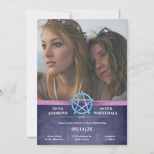 Invitación Pentáculo Púrpura Femenino de Wicca (Anverso)
