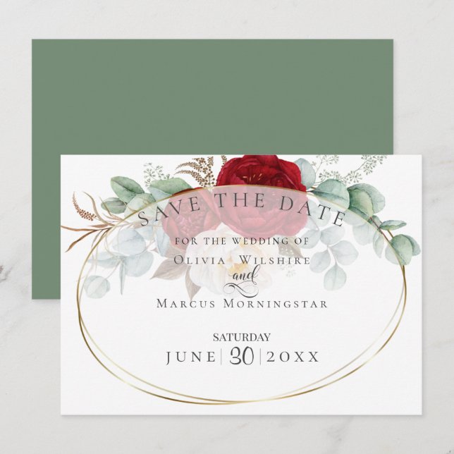 Invitación Peones rojos y blancos con hojas de eucalipto (Anverso / Reverso)