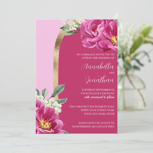Invitación Peoneses rosados con oro en Boda rosa (Anverso de pie)