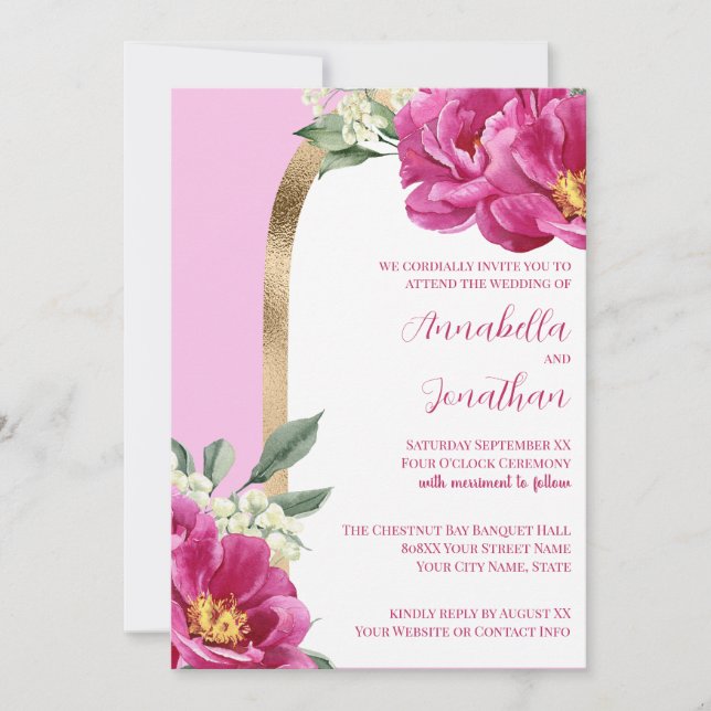 Invitación Peoneses rosados con oro en Boda rosa (Anverso)