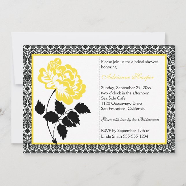 Invitación Peonia amarilla con ducha de novia Damask negra (Anverso)