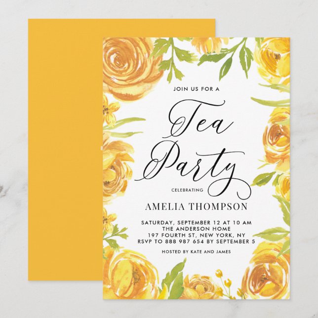 Invitación Peonía amarilla y Rosa Fiesta de té con flores (Anverso / Reverso)